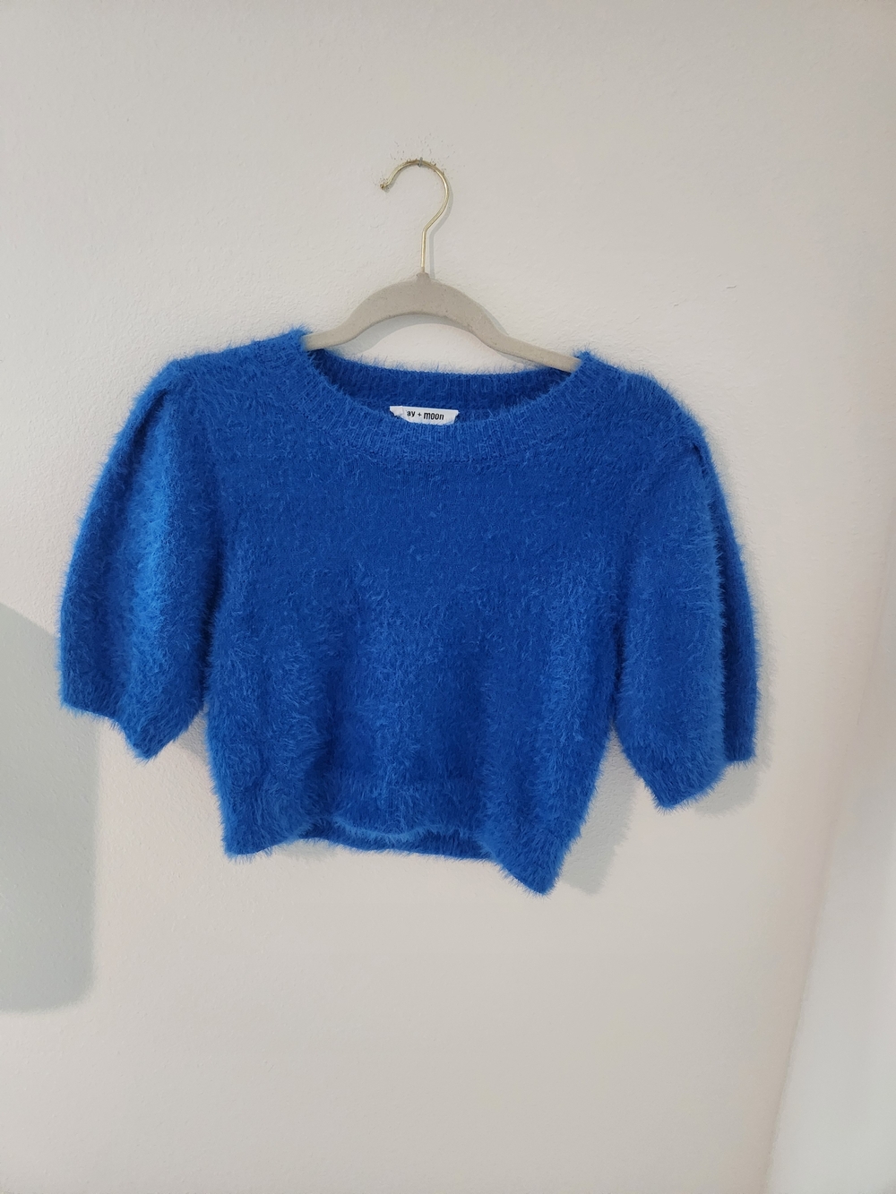 Blue Fuzzy Knit Short-Sleeve Sweater